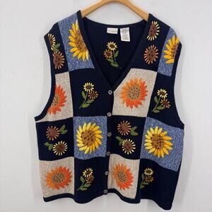 VTG White Stag Embroidered Sunflower Beaded Knit Vest Grandmacore Cottage 22/24W